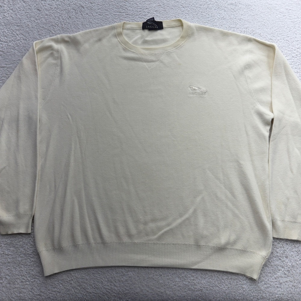 Jaguar Mens Cream Combed Cotton Crewneck Sweater Embroidered Logo Large RN 55393